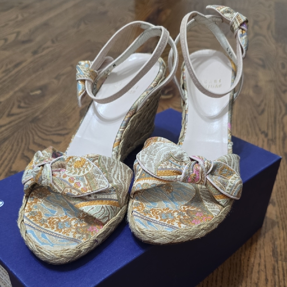 Stuart Weitzman Blue and Gold Wedge Sandals with Ankle Straps